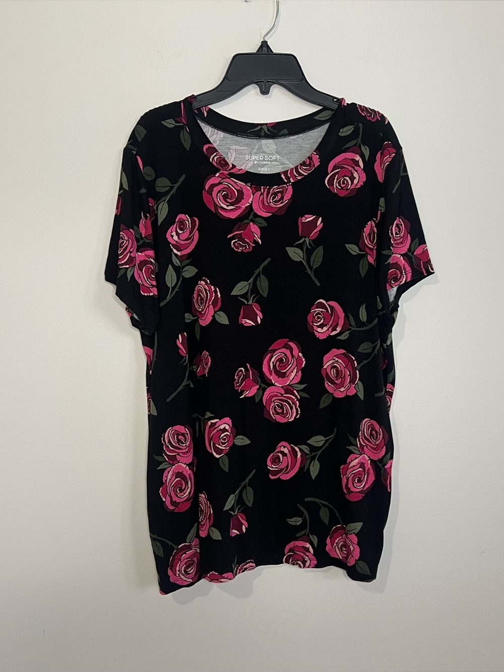 Women's Black Floral Tee with Pink Rose Print